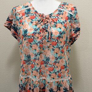 Style & Co peach and blue cap short sleeve pullover blouse with tie neckline, M